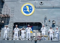 NORFOLK, Va. -  The Ticonderoga-class guided-missile cruiser USS Philippine Sea (CG 58) departs Naval Station Norfolk for a scheduled deployment, Oct. 13, 2023. Philippine Sea is deploying as part of the Dwight D. Eisenhower Carrier Strike Group. (U.S. Navy photo by Mass Communication Specialist 1st Class Ryan Seelbach)