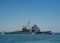 NORFOLK, Va. -  The Ticonderoga-class guided-missile cruiser USS Philippine Sea (CG 58) departs Naval Station Norfolk for a scheduled deployment, Oct. 13, 2023. Philippine Sea is deploying as part of the Dwight D. Eisenhower Carrier Strike Group. (U.S. Navy photo by Mass Communication Specialist 1st Class Ryan Seelbach)