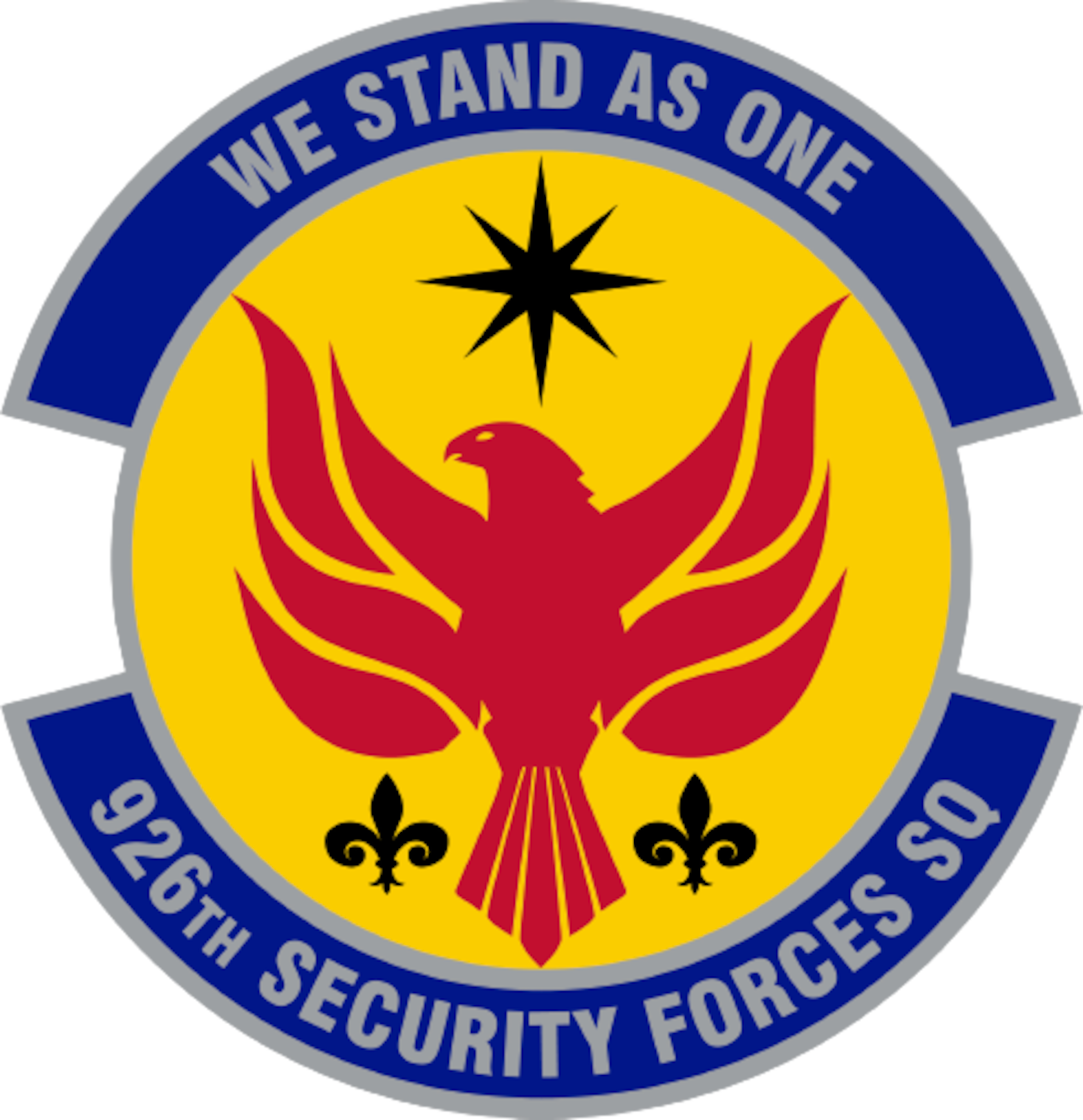 A multi-colored emblem reads "we stand as one 926th Security Forces Squadron"