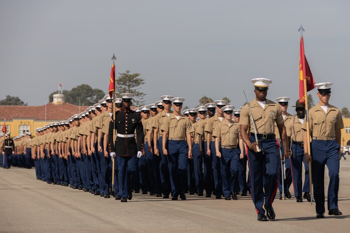 U.S. Marines with Echo Company, 2nd Recruit Training Battalion, march in formation during a graduation ceremony at Marine Corps Recruit Depot San Diego, Oct. 13, 2023. Graduation took place at the completion of the 13- week transformation, which included training for drill, marksmanship, basic combat skills, and Marine Corps customs and traditions. (U.S. Marine Corps photo by Lance Cpl. Janell B. Alvarez)