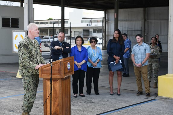Joint Task Force-Red Hill (JTF-RH) Commander, U.S. Navy Vice Adm. John Wade responds to questions and re-emphasizes JTF-RH's commitment to safety during a press conference held Oct. 13 hosted by JTF-RH.