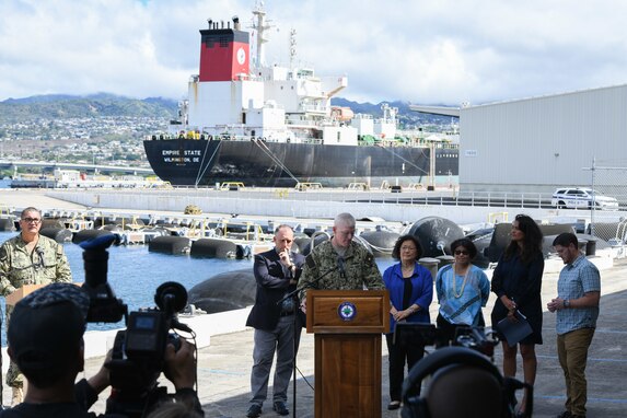Joint Task Force-Red Hill (JTF-RH) Commander, U.S. Navy Vice Adm. John Wade responds to questions and re-emphasizes JTF-RH's commitment to safety during a press conference held Oct. 13 hosted by JTF-RH.