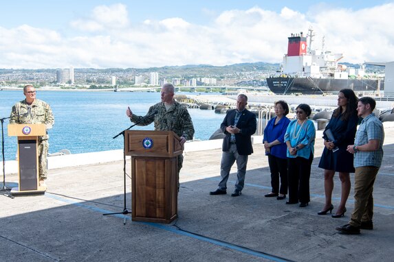 Joint Task Force-Red Hill (JTF-RH) Commander, U.S. Navy Vice Adm. John Wade responds to questions and re-emphasizes JTF-RH's commitment to safety during a press conference held Oct. 13 hosted by JTF-RH.