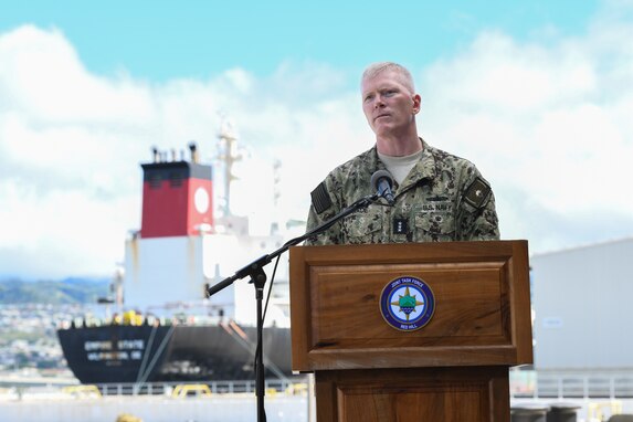 Joint Task Force-Red Hill (JTF-RH) Commander, U.S. Navy Vice Adm. John Wade delivers remarks and re-emphasizes JTF-RH's commitment to safety during a press conference held Oct. 13 hosted by JTF-RH.