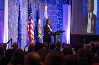 WASHINGTON (Oct. 14, 2023) -- Vice Chief of Naval Operations Adm. Lisa Franchetti delivers remarks at the 248th U.S. Navy Birthday Ball at Falls Church Marriott Fairview Park, Oct. 14. This year's ball was hosted by the Navy League and the theme is "248 years of Power, Presence and Protection." (U.S. Navy photo by Chief Mass Communication Specialist Amanda R. Gray/released)