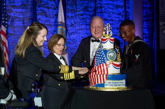 WASHINGTON (Oct. 14, 2023) -- Vice Chief of Naval Operations Adm. Lisa Franchetti and Master Chief Petty Officer of the Navy James Honea cut the cake at the 248th U.S. Navy Birthday Ball at Falls Church Marriott Fairview Park, Oct. 14. This year's ball was hosted by the Navy League and the theme is "248 years of Power, Presence and Protection." (U.S. Navy photo by Chief Mass Communication Specialist Amanda R. Gray/released)