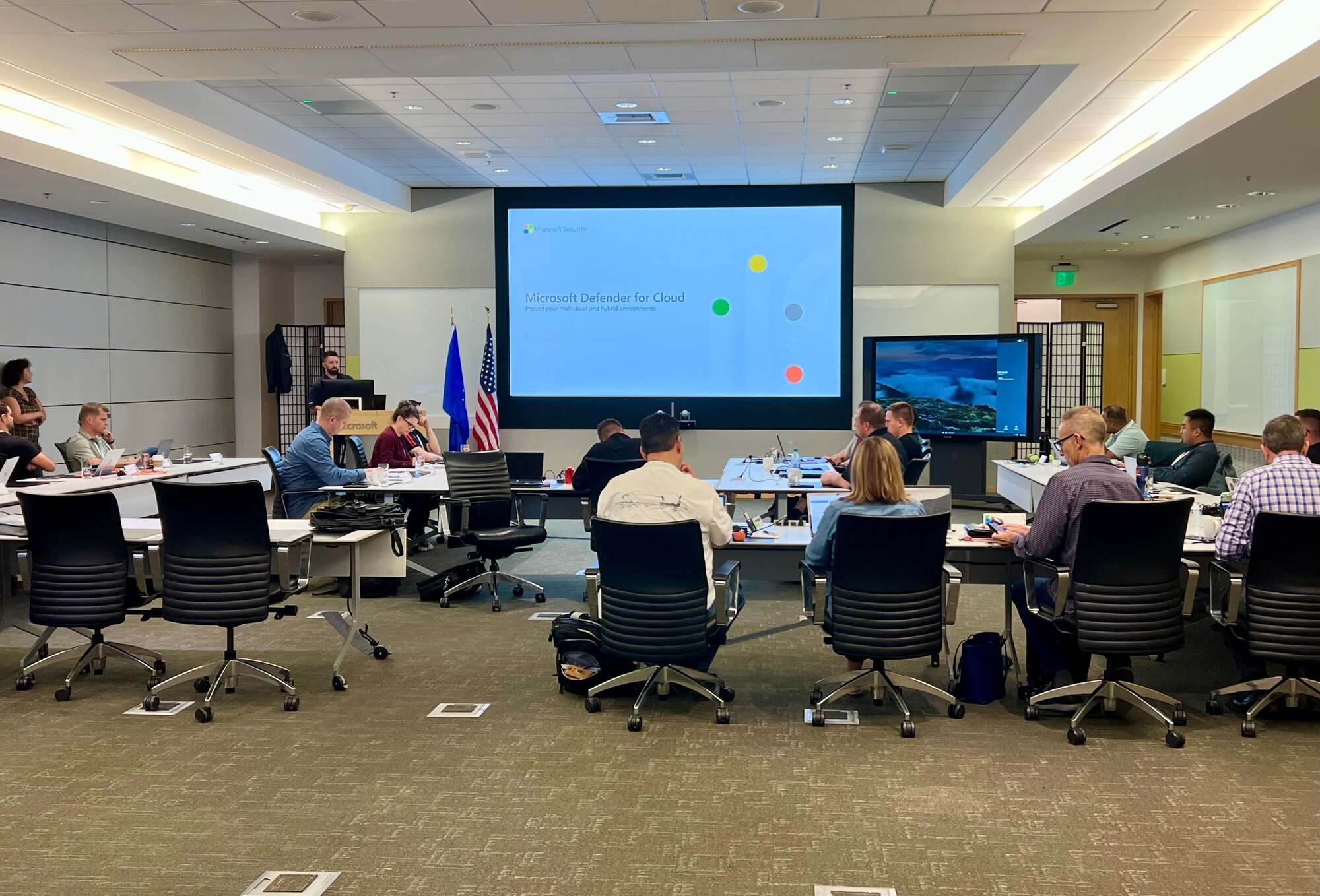 Microsoft representative Brandon Pettersen briefs the cyber team on the capabilities and development of Microsoft Defender for Cloud on Aug. 29, 2023. (Courtesy photo)