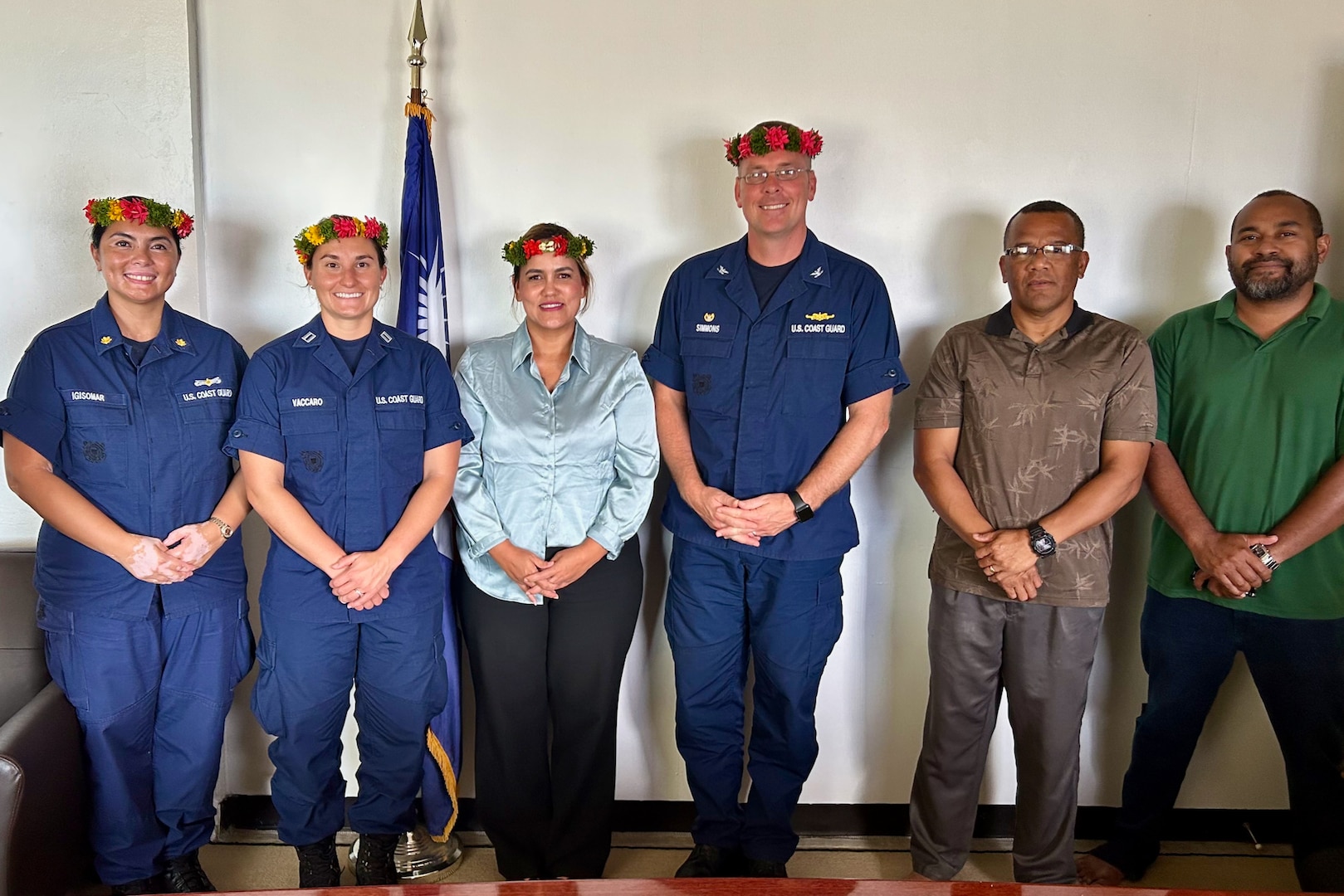 Capt. Nicholas Simmons, commander of U.S. Coast Guard Forces Micronesia/Sector Guam (CGFM/SG), and members of the CGFM/SG Compact of Free Association team stand for a photo RMI Environmental Protection Authority on Sept. 21, 2023. Simmons led a delegation to the Republic of the Marshall Islands (RMI), one of the three former U.S. trust territories under the Compact of Free Association. The visit underscores CGFM/SG's strengthened role as the primary facilitator of the cooperative relationship between the U.S. Coast Guard and the RMI, reinforcing longstanding ties. (U.S. Coast Guard photo)
