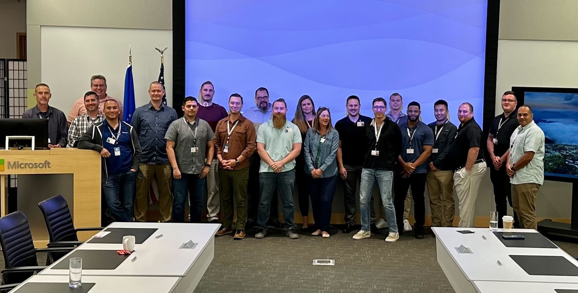 Members of the 426 NWS and 33 COS pose for a group photo alongside Microsoft Security experts at the Microsoft Executive Briefing Center in Redmond, VA on Aug. 29, 2023. (Courtesy photo)