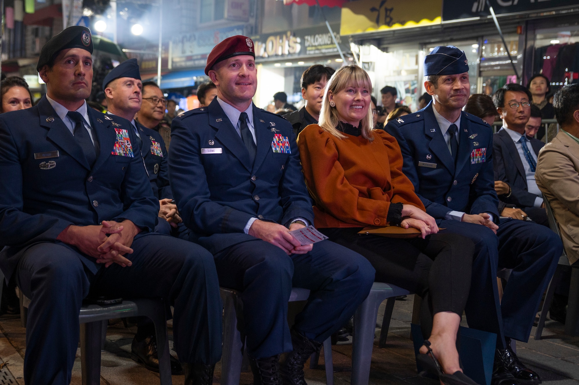 (From the right,) U.S. Air Force Col. William McKibban, 51st Fighter Wing commander, Amber McKibban, spouse of McKibban, Col. Patrick Lowe, 607th Air Support Operations Group commander and Chief Master Sgt. Dax Keehu, 607th ASOG command chief attend the 20th ROK U.S. Friendship Festival, near Osan Air Base, Republic of Korea, Oct. 14, 2023.