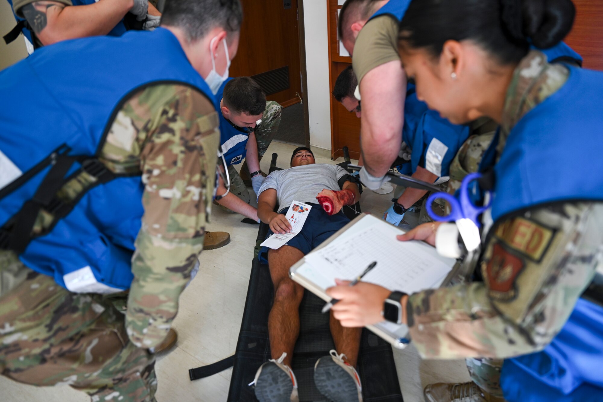 U.S. Airmen assigned to the 39th Medical Group assess the injuries of a simulated patient during exercise “Ready Eagle” at Incirlik Air Base, Türkiye, Oct. 12, 2023.