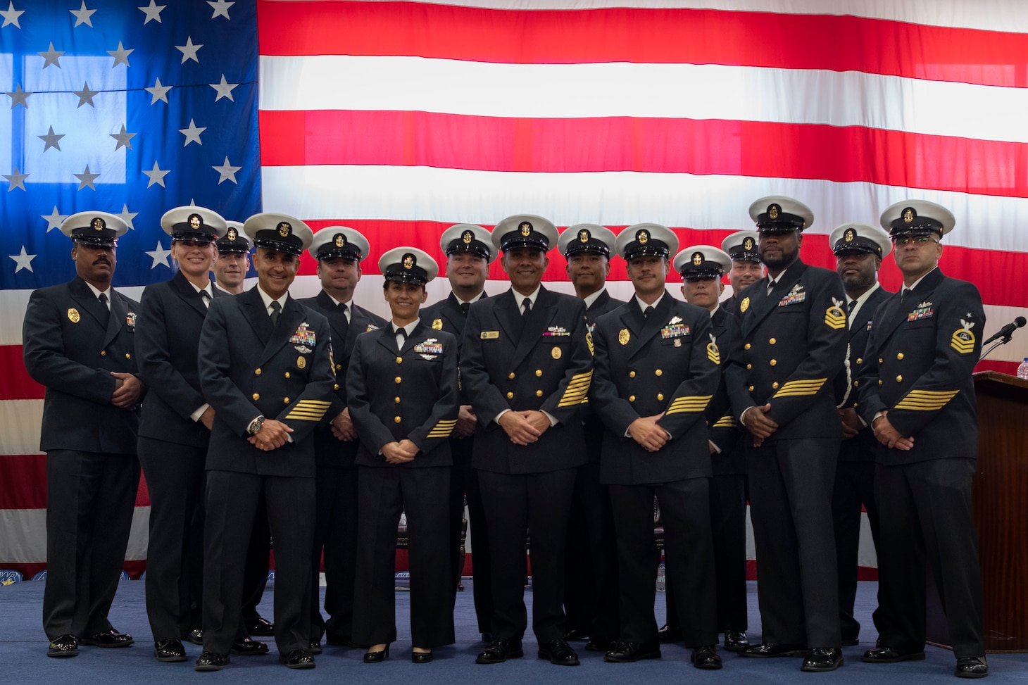 U.S. Naval Forces Europe-Africa Fleet Master Chief Johannes J. Gonzalez and the Naval Support Activity Souda Bay Chiefs Mess pose for a photo during a U.S. Navy 248th Birthday Celebration held onboard NSA Souda Bay on Oct. 13, 2023.