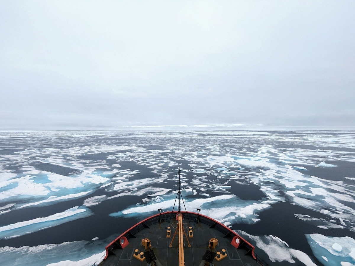 U.S. Coast Guard Cutter Healy (WAGB-20) travels through the Arctic July 31, 2023. U.S. Space Force Capt. Henry Cho captured the image while serving aboard. Cho is the first USSF Guardian to receive the Coast Guard Arctic Service Medal. The medal is awarded to any member who has served aboard a Coast Guard vessel operating in polar waters north of latitude 60 degrees North, specifically in the Bering Sea, Davis Strait or Denmark Strait. The minimum time requirement is 21 non-consecutive days under competent orders. (U.S. Space Force photo / Capt. Henry Cho)