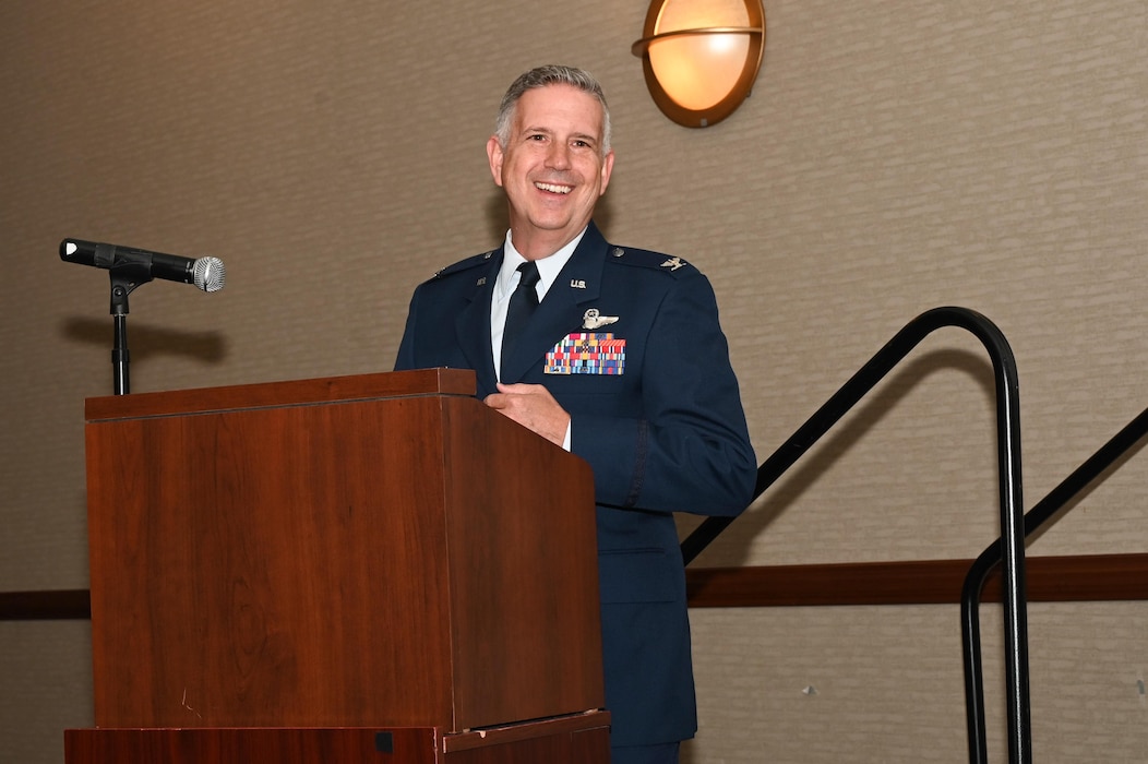 Col. Brenden Bartholomew, 433rd Airlift Wing vice commander, addresses inductees at the 433rd AW 2023 Honorary Commanders’ Induction ceremony in San Antonio, May 6, 2023.
