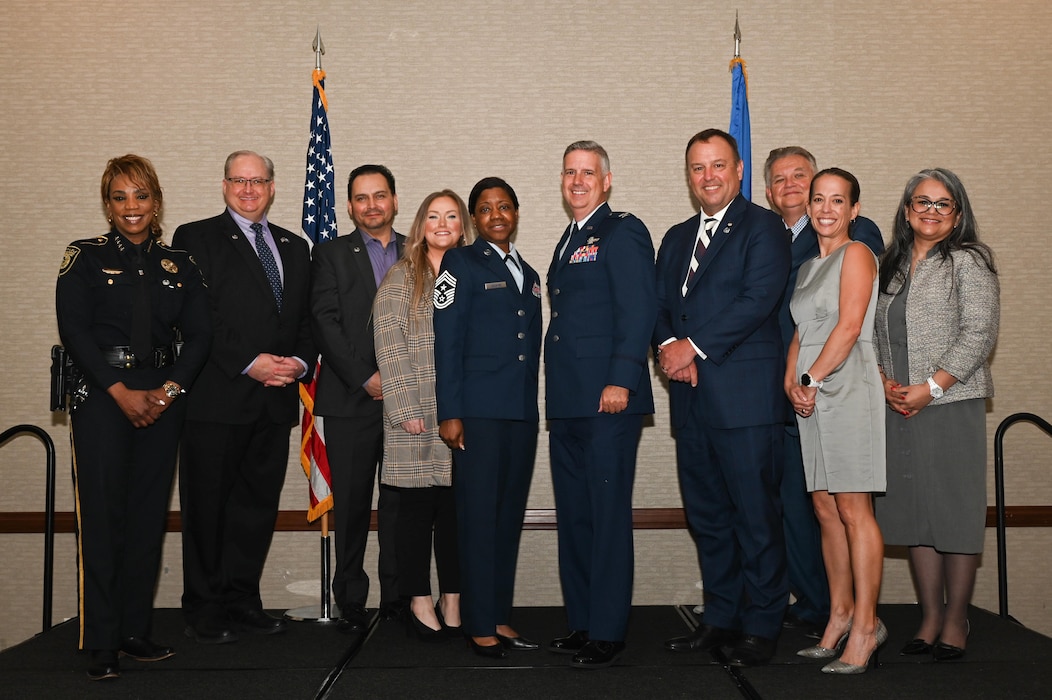 The 2023 Airlift Wing Honorary Commanders and 433rd AW Leadership assemble for a photo after the 433rd AW 2023 Honorary Commanders’ Induction Ceremony in San Antonio, May 6, 2023.