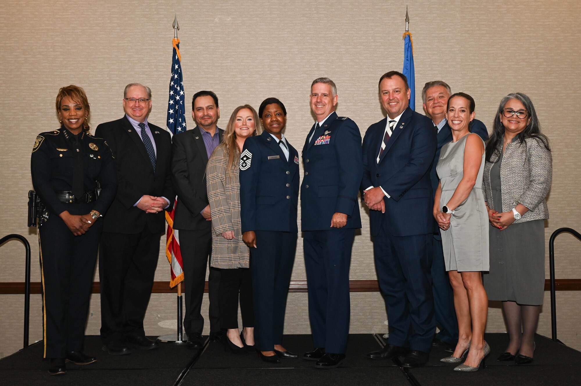 The 2023 Airlift Wing Honorary Commanders and 433rd AW Leadership assemble for a photo after the 433rd AW 2023 Honorary Commanders’ Induction Ceremony in San Antonio, May 6, 2023.