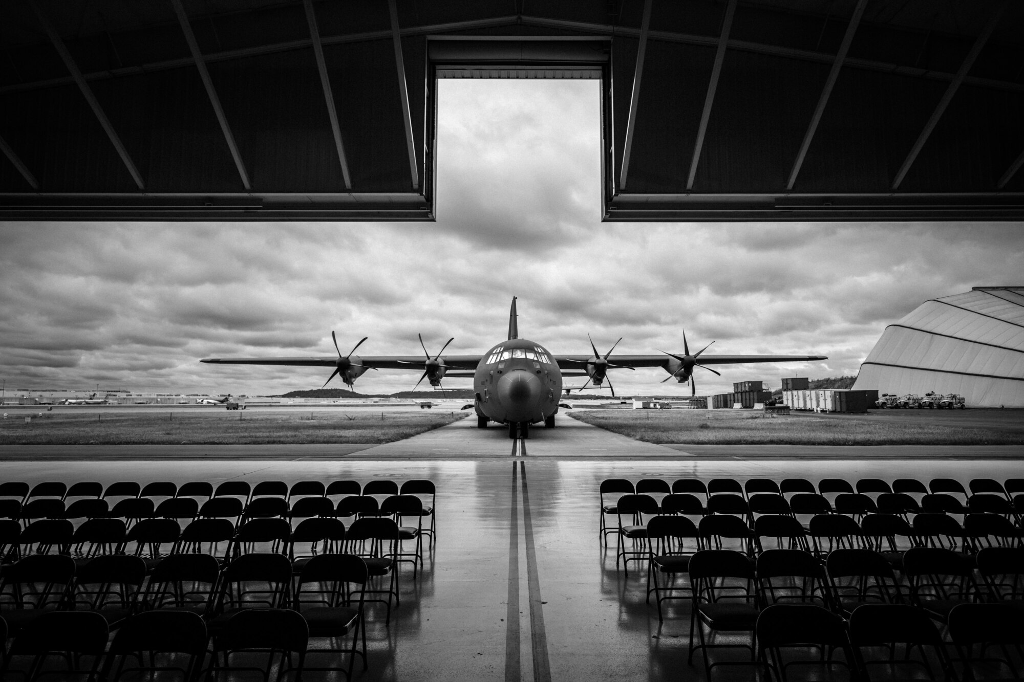 A C-130-J Super Hercules aircraft awaits the next sortie on the flight line of the Kentucky Air National Guard Base in Louisville, Ky., Oct. 14, 2023. The Louisville-based 123rd Airlift Wing was just awarded its 20th Air Force Outstanding Unit Award — a record among C-130 airlift units. (U.S. Air National Guard photo by Dale Greer)