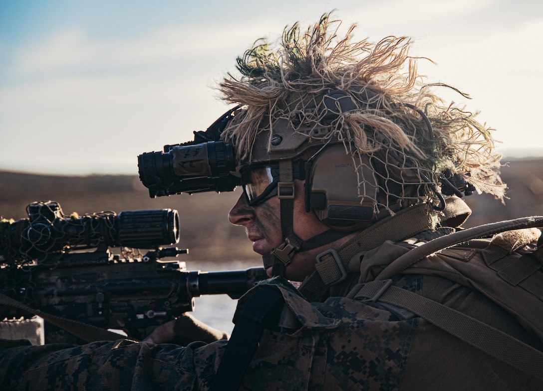 A U.S. Marine assigned to the 26th Marine Expeditionary Unit (Special Operations Capable) posts security at the airfield during an integrated, multilateral amphibious assault as part of a Spanish bilateral exercise, Rota, Spain, Oct. 2, 2023. The San Antonio-class amphibious ship USS Mesa Verde, assigned to the Bataan Amphibious Ready Group and embarked 26th MUE, under the command and control of Task Force 61/2, is on a scheduled deployment in the U.S. Naval Forces Europe area of operations, employed by U.S. Sixth Fleet to defend U.S., Allied, and partner interests.