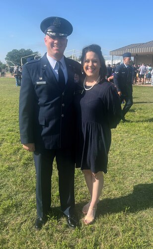 U.S. Air Force Col. Matthew Reilman, 17th Training Wing commander, and Goodfellow Honorary Commander, Dr. Brook Dickison pose for a photo following Basic Military Training Graduation, at Joint Base San Antonio-Lackland, Texas, April 27, 2023.  The Honorary Commander Program provided Dickison and 22 other members from the local community the opportunity to participate in series of group immersions, military events, and social activities. (Courtesy photo)
