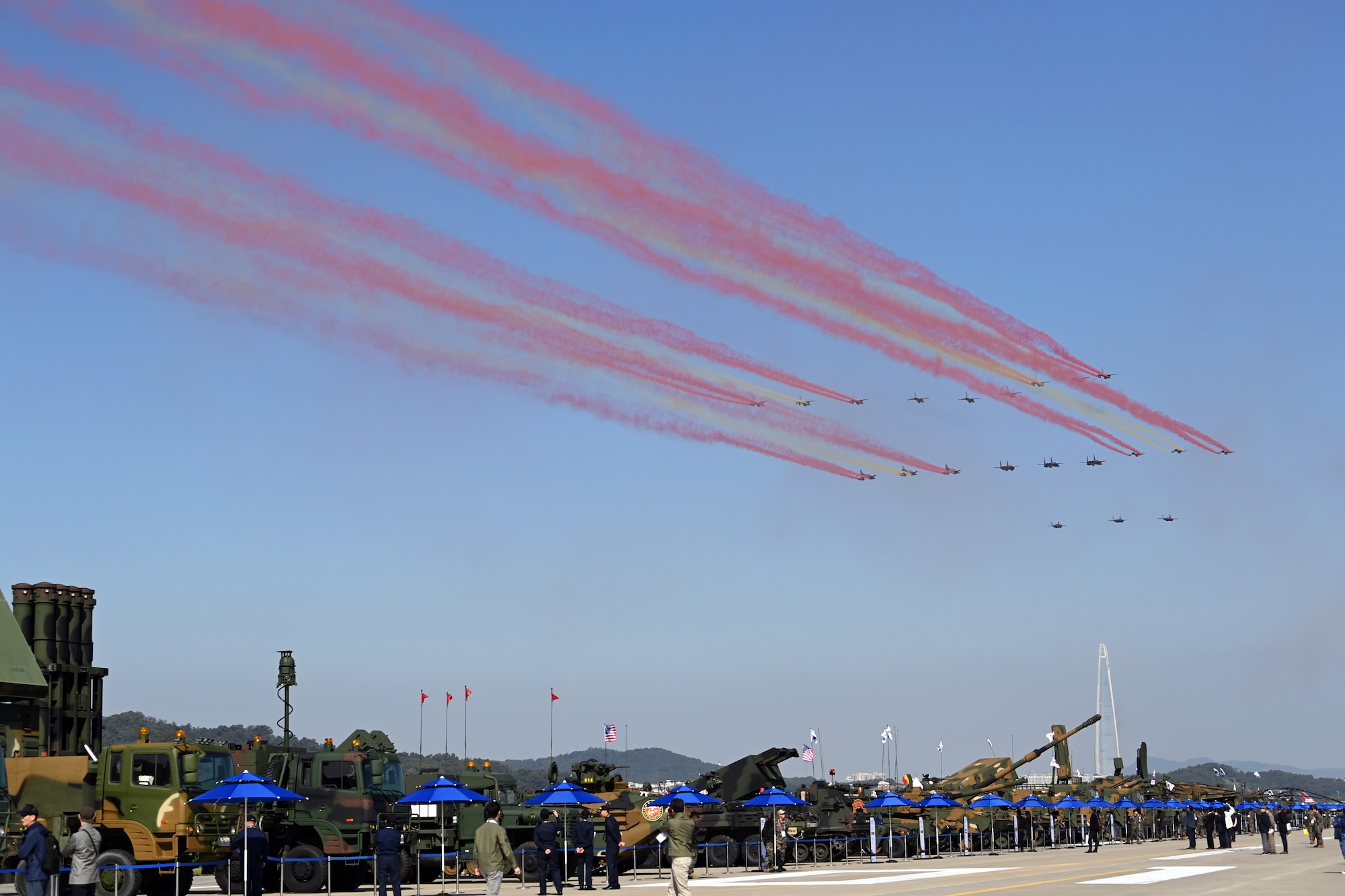 Republic of Korea Air Force aircraft conduct a flyover during the 2023 Seoul International Aerospace and Defense Exhibition media day at Seoul Air Base, Republic of Korea, Oct. 16, 2023.