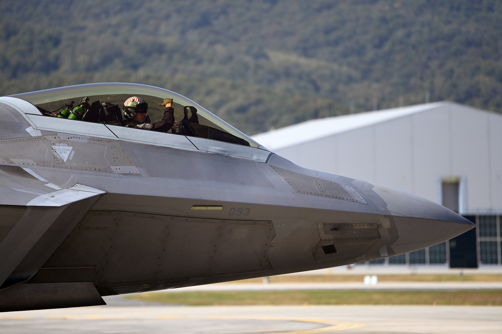 U.S. Air Force Capt. Samuel Larson, F-22 Demonstration Team commander, Joint Base Langley-Eustis, Va., prepares to take off during the 2023 Seoul International Aerospace and Defense Exhibition media day at Seoul Air Base, Republic of Korea, Oct. 16, 2023.