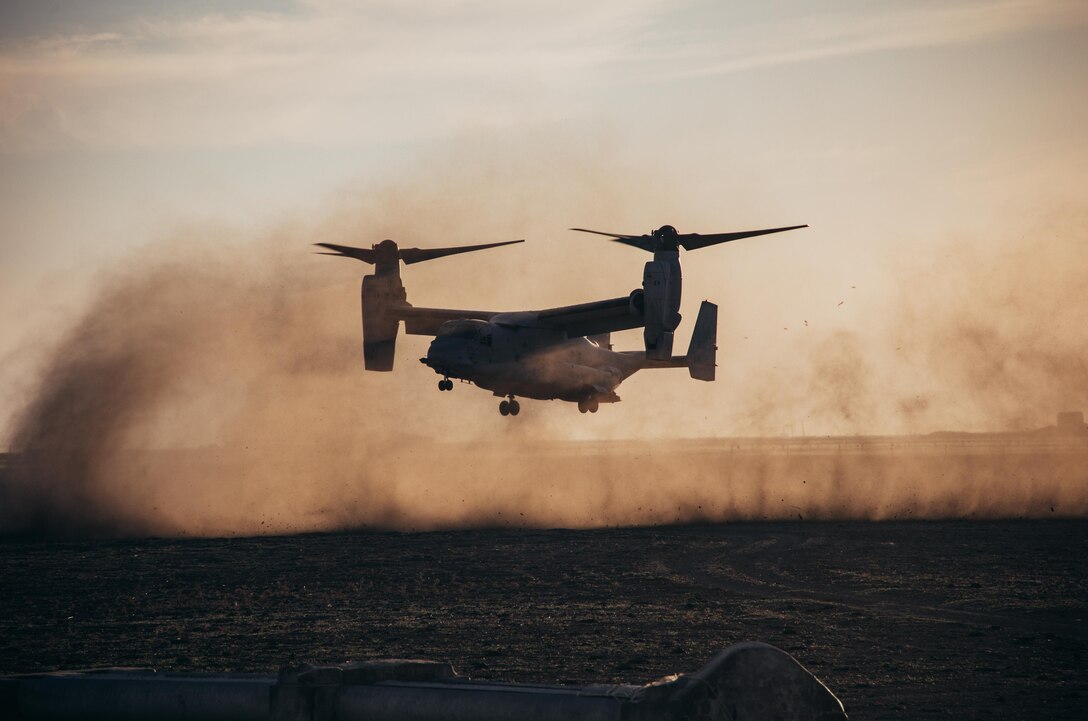 An MV-22B Osprey attached to 26th Marine Expeditionary Unit (Special Operations Capable) (MEU(SOC)), prepares to land during an integrated, multilateral amphibious assault during a Spanish bilateral exercise, Rota, Spain, Oct. 2, 2023. The San Antonio-class amphibious ship USS Mesa Verde (LPD 19), assigned to the Bataan Amphibious Ready Group and embarked 26th Marine Expeditionary Unit (Special Operations Command), under the command and control of Task Force 61/2, is on a scheduled deployment in the U.S. Naval Forces Europe area of operations, employed by U.S. Sixth Fleet to defend U.S., Allied, and partner interests. (U.S. Marine Corps photo by Cpl. Aziza Kamuhanda)