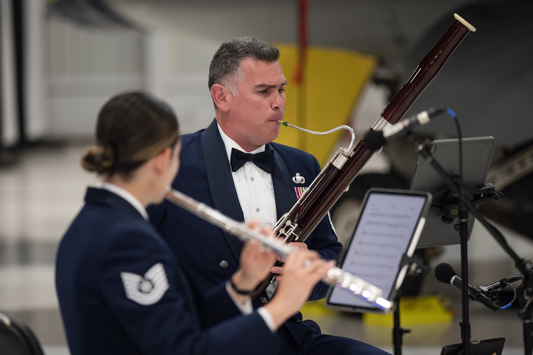 U.S. Air Force Senior Master Sgt. Alejandro Vieira, U.S. Air Force Academy Rampart Winds band member, performs the national anthem during the 2023 Holloman Air Force Ball at Holloman Air Force Base, New Mexico, Sept. 23, 2023. This year’s theme for the ball was “Fightin’ 49ers… Honoring Airmen over the years” and celebrated the 76th birthday of the U.S. Air Force. (U.S. Air Force photo by Senior Airman Antonio Salfran)