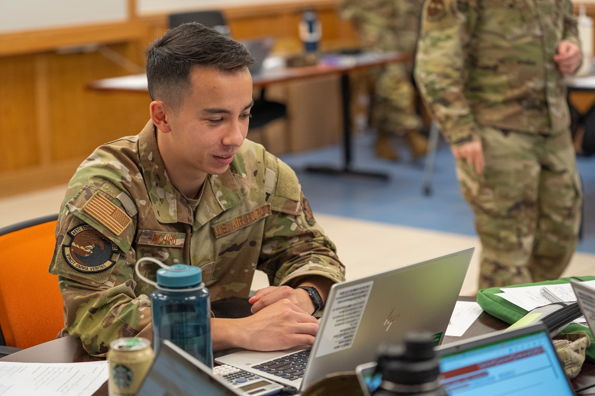 U.S. Air Force 2nd Lt. Sean Richard, 335th Training Squadron operation analysis student, works on calculus problems for a warm-up at Allee Hall on Keesler Air Force Base, Mississippi, Oct. 10, 2023.