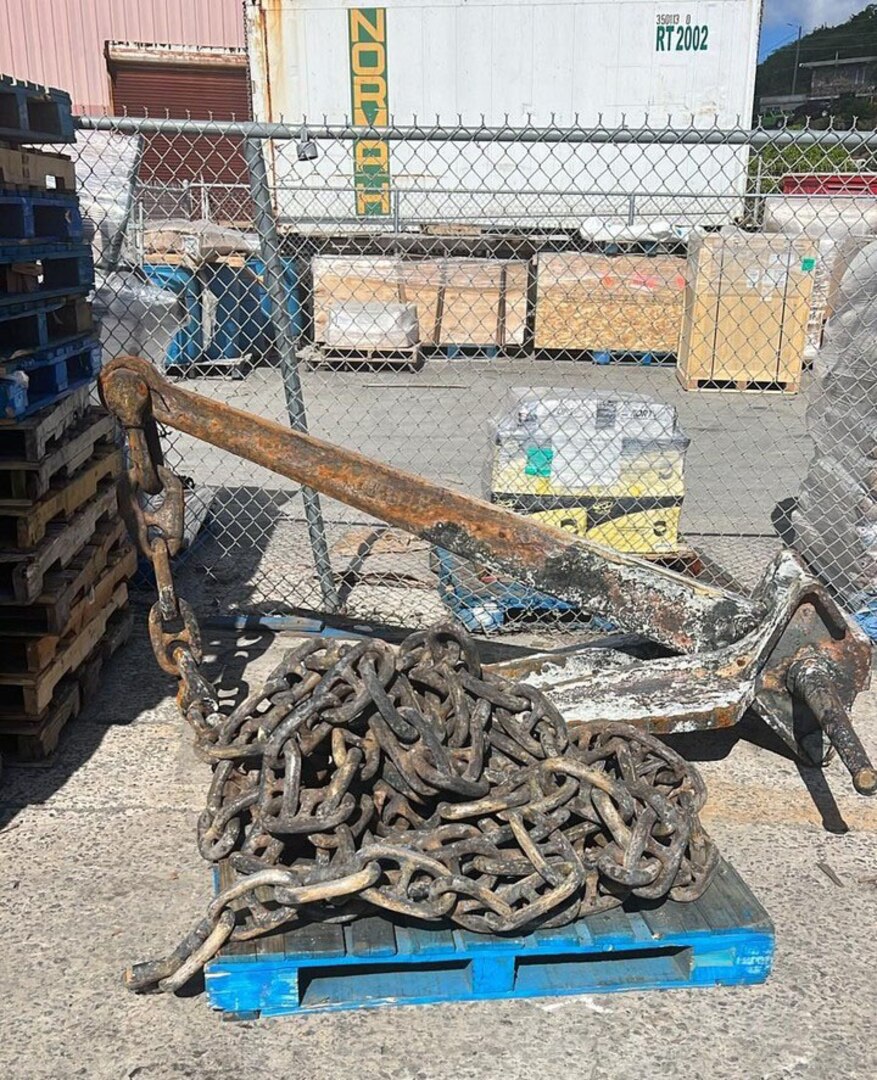 The broken anchor form Bonnie G recovered off Cyril E. King Airport, St. Thomas, Oct. 16, 2023. The Bonnie G, a 195-foot Vanuatu-flagged “ro-ro” cargo vessel that grounded on Oct. 4 during Tropical Storm Philippe. (Photo by Bonnie G crew)