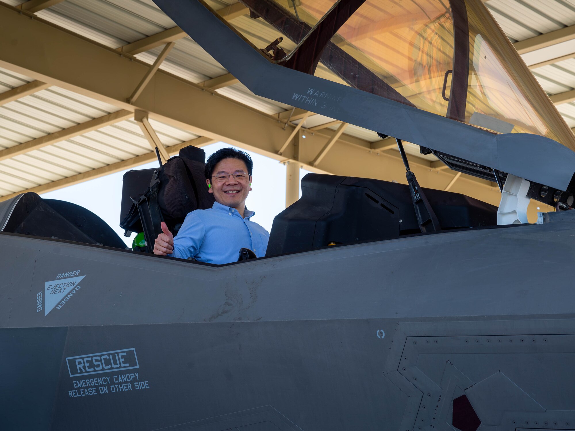 Lawrence Wong, Singapore Deputy Prime Minister and Minister of Finance, sits in a U.S. Air Force F-35 Lightning II Oct. 6, 2023, at Luke Air Force Base, Arizona.