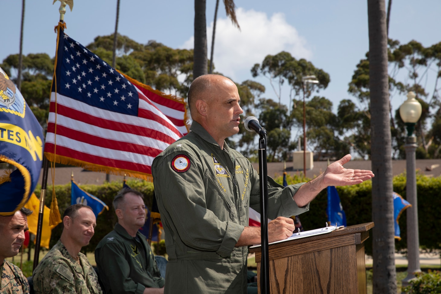 Commander, Naval Air Force Reserve Rear Adm. Brad Dunham speaks at the Maritime Support Wing Change of Command Ceremony