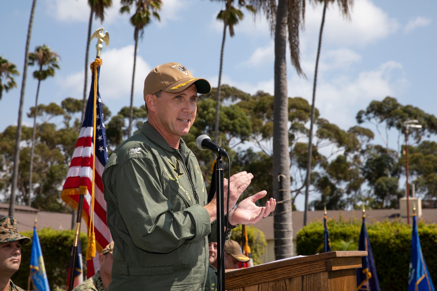 Capt. Rodenbarger, incoming commodore of Maritime Support Wing (MSW), speaks at the MSW Change of Command Ceremony