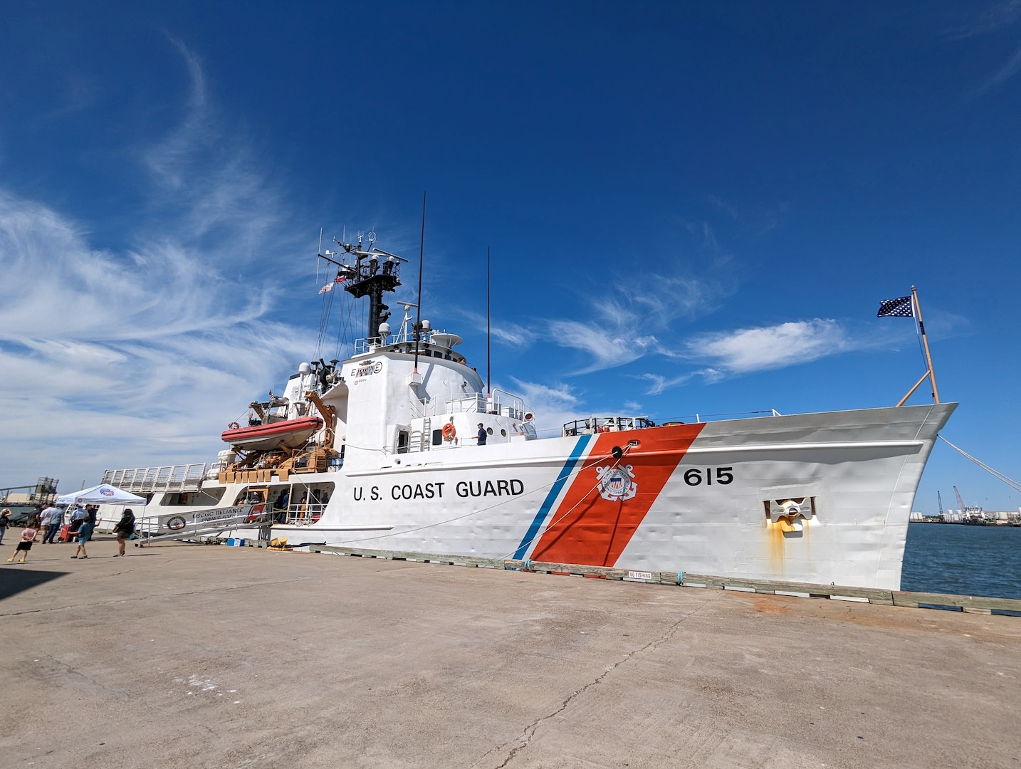Visitors tour Coast Guard Cutter Reliance (WMEC 615), a 210-foot medium endurance cutter homeported in Pensacola, Florida, during the crew’s port call at Pier 21 in Galveston, Texas, Oct. 8, 2023. Approximately 400 visitors toured the Reliance, which was built in Houston and commissioned in Galveston in 1964. (U.S. Coast Guard photo by Auxiliarist Glenn Colaco)