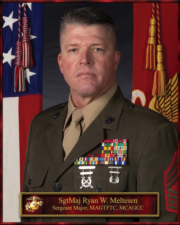 Official biography photo of Sergeant Major Ryan Meltesen, sergeant major Marine Air Ground Task Force Training Command, Marine Corps Air Ground Combat Center, Twentynine Palms, CA Oct 16, 2023