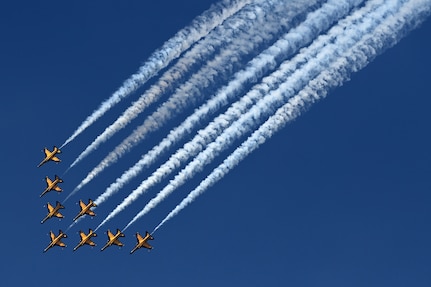The Republic of Korea Air Force 53rd Air Demonstration Group, nicknamed the Black Eagles, performs during the 2023 Seoul International Aerospace and Defense Exhibition media day at Seoul Air Base, Republic of Korea, Oct. 16, 2023.