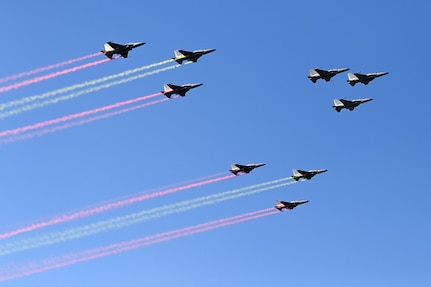 Republic of Korea Air Force aircraft conduct a flyover during the 2023 Seoul International Aerospace and Defense Exhibition media day at Seoul Air Base, Republic of Korea, Oct. 16, 2023.