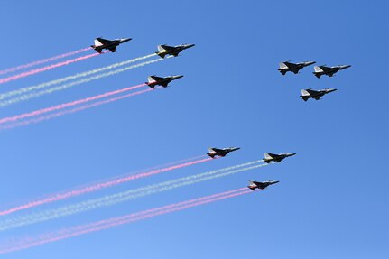 Republic of Korea Air Force aircraft conduct a flyover during the 2023 Seoul International Aerospace and Defense Exhibition media day at Seoul Air Base, Republic of Korea, Oct. 16, 2023.