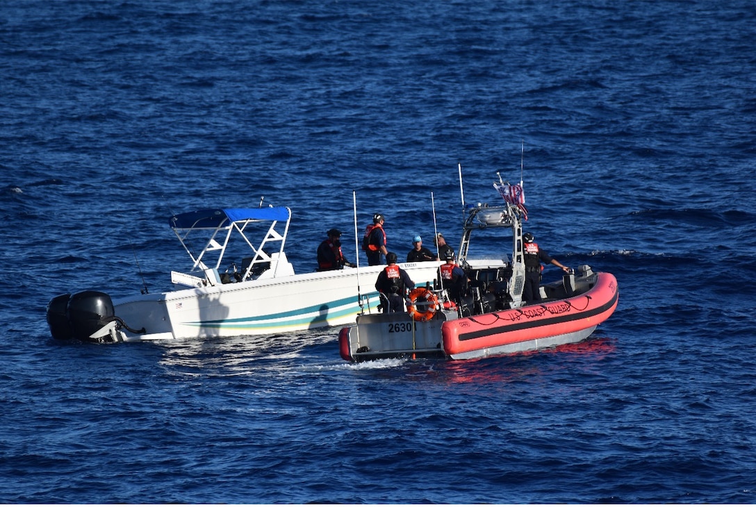 The crew of the U.S. Coast Guard Cutter Campbell (WMEC 909) conducts a law enforcement boarding of a Florida registered vessel, Oct. 5, 2023, in the South Florida Straits. While underway in the Seventh Coast Guard District’s area of responsibility, Campbell’s crew conducted maritime safety and security missions while working to detect, deter and intercept unsafe and illegal maritime migration ventures bound for the United States.