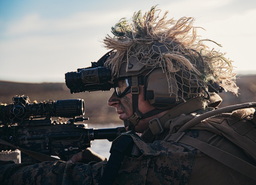 A U.S. Marine assigned to the 26th Marine Expeditionary Unit (Special Operations Capable) posts security at the airfield during an integrated, multilateral amphibious assault as part of a Spanish bilateral exercise, Rota, Spain, Oct. 2, 2023. The San Antonio-class amphibious ship USS Mesa Verde, assigned to the Bataan Amphibious Ready Group and embarked 26th MUE, under the command and control of Task Force 61/2, is on a scheduled deployment in the U.S. Naval Forces Europe area of operations, employed by U.S. Sixth Fleet to defend U.S., Allied, and partner interests.