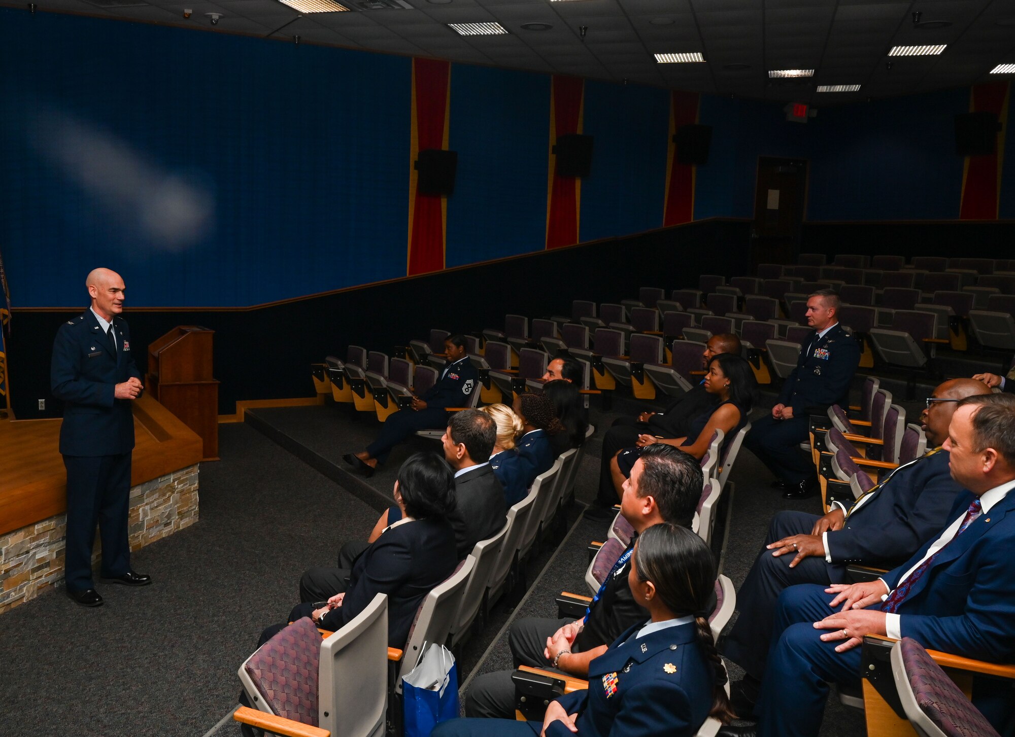 Col. William Gutermuth, 433rd Airlift Wing commander, delivers opening remarks to attendees during the Honorary Commanders’ Induction Ceremony at Joint Base San Antonio-Lackland, Texas, Oct. 15, 2023. Honorary commanders have opportunities to learn about their units and commanders through C-5M Super Galaxy tours, demonstrations, events and flights.