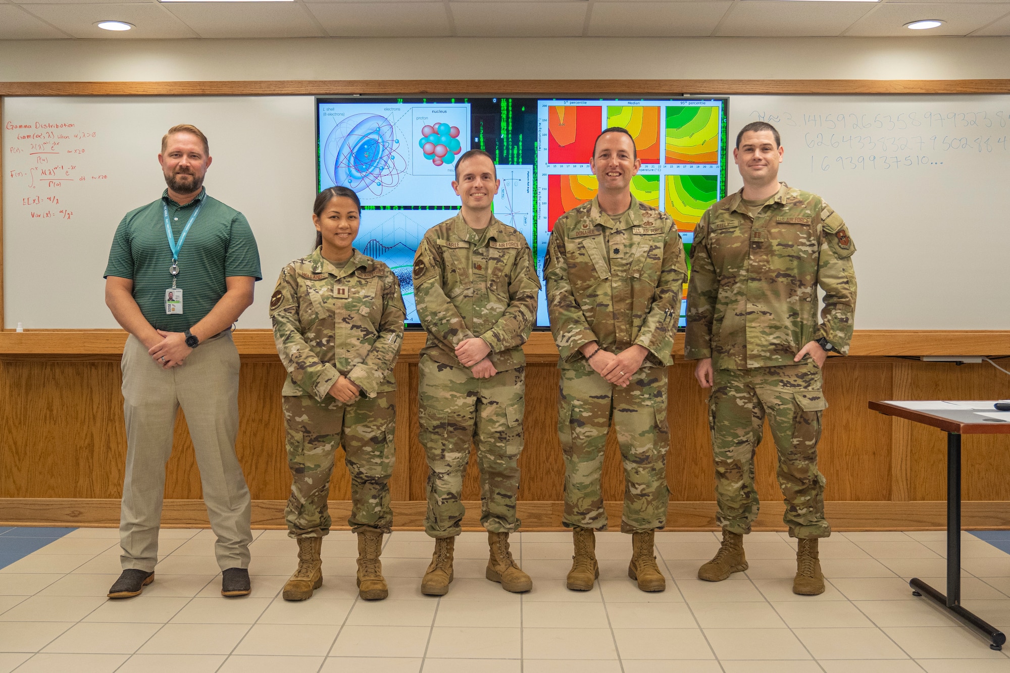 U.S. Air Force Lt. Col. Christopher Donahue, 335th Training Squadron commander, and operation analysis instructors from the 335th TRS pose for a group photo at Allee Hall on Keesler Air Force Base, Mississippi, Oct. 10, 2023.