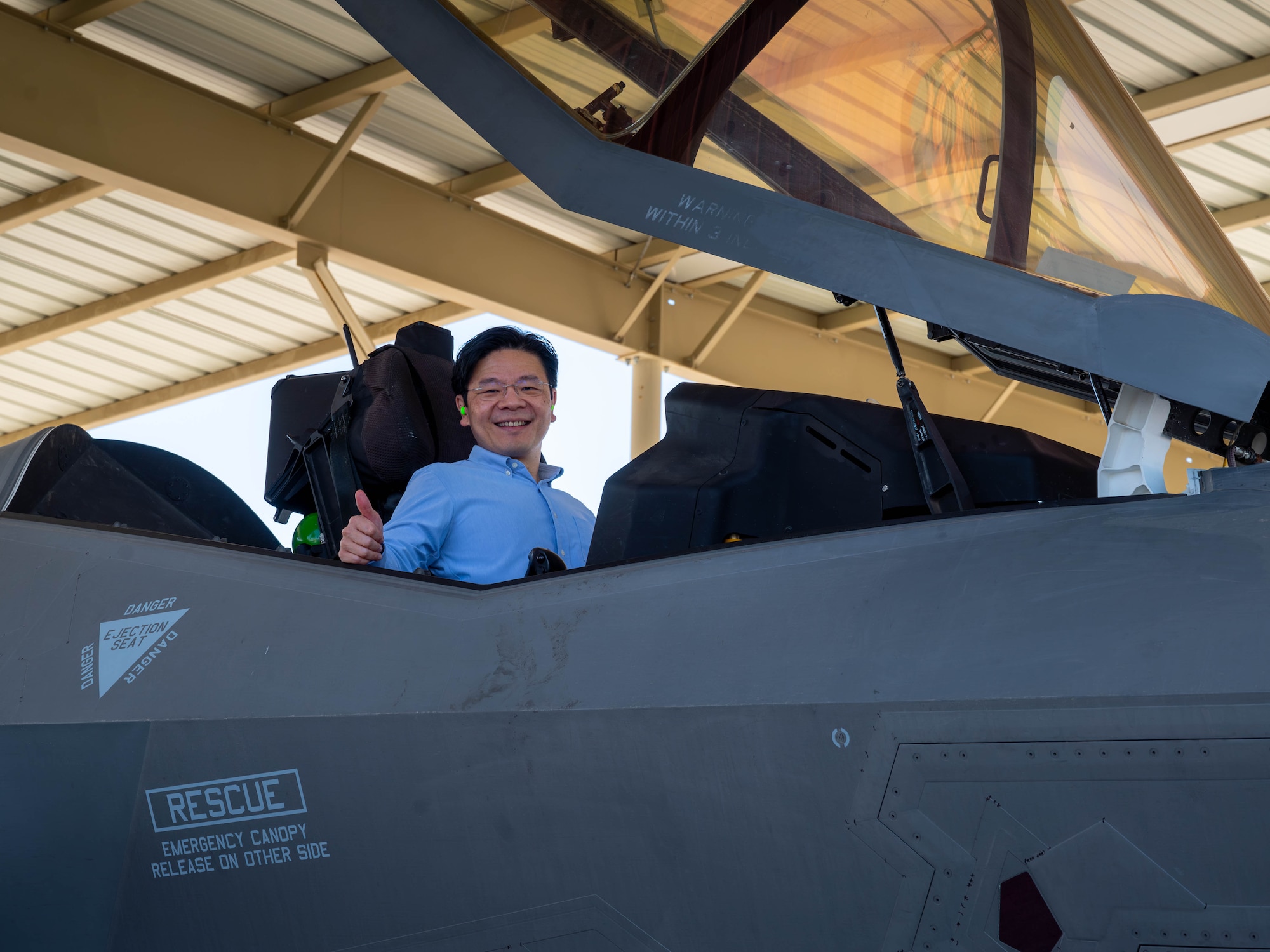 Lawrence Wong, Singapore Deputy Prime Minister and Minister of Finance, sits in a U.S. Air Force F-35 Lightning II Oct. 6, 2023, at Luke Air Force Base, Arizona.