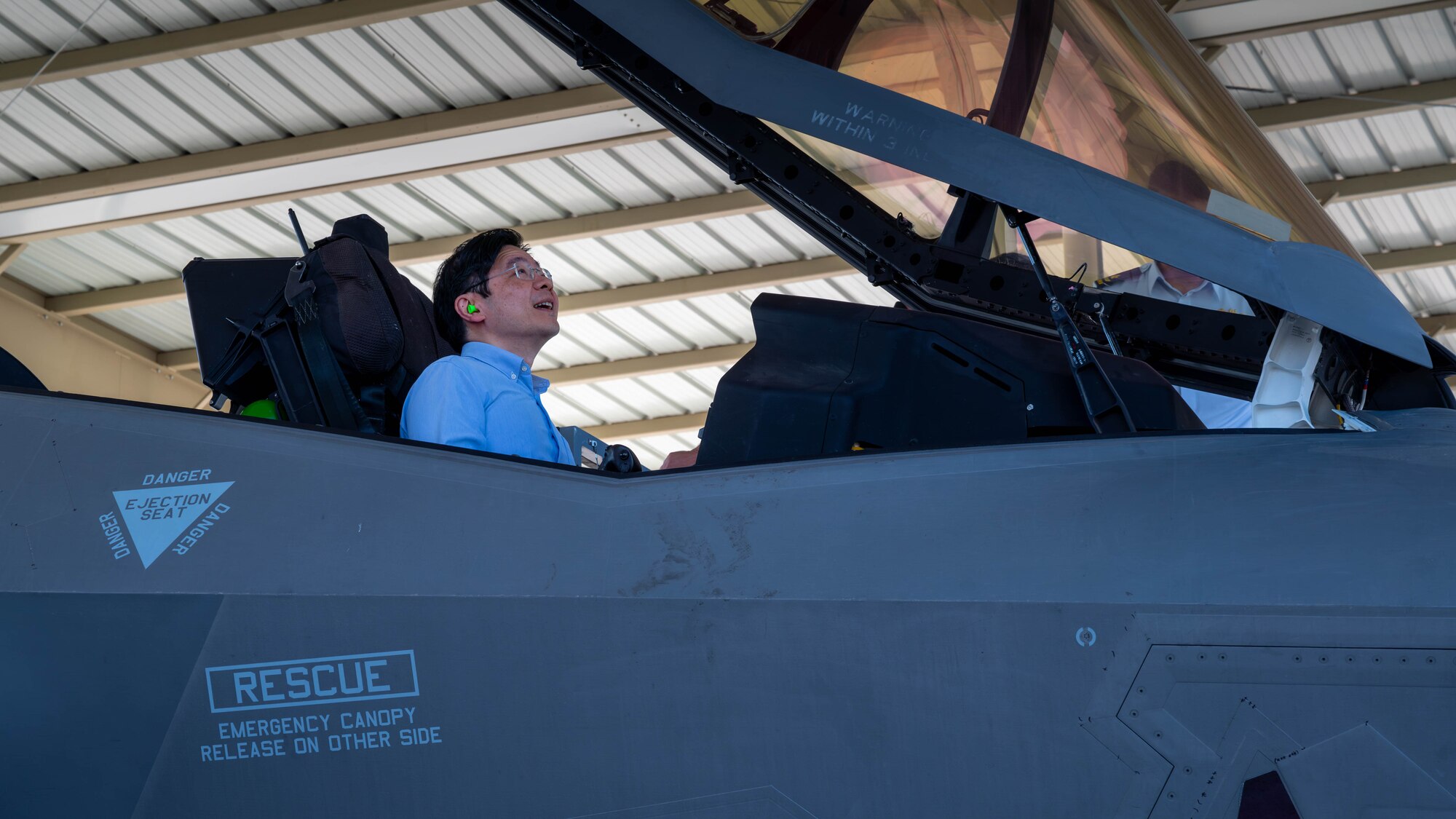 Lawrence Wong, Singapore Deputy Prime Minister and Minister of Finance, sits in a U.S. Air Force F-35 Lightning II Oct. 6, 2023, at Luke Air Force Base, Arizona.