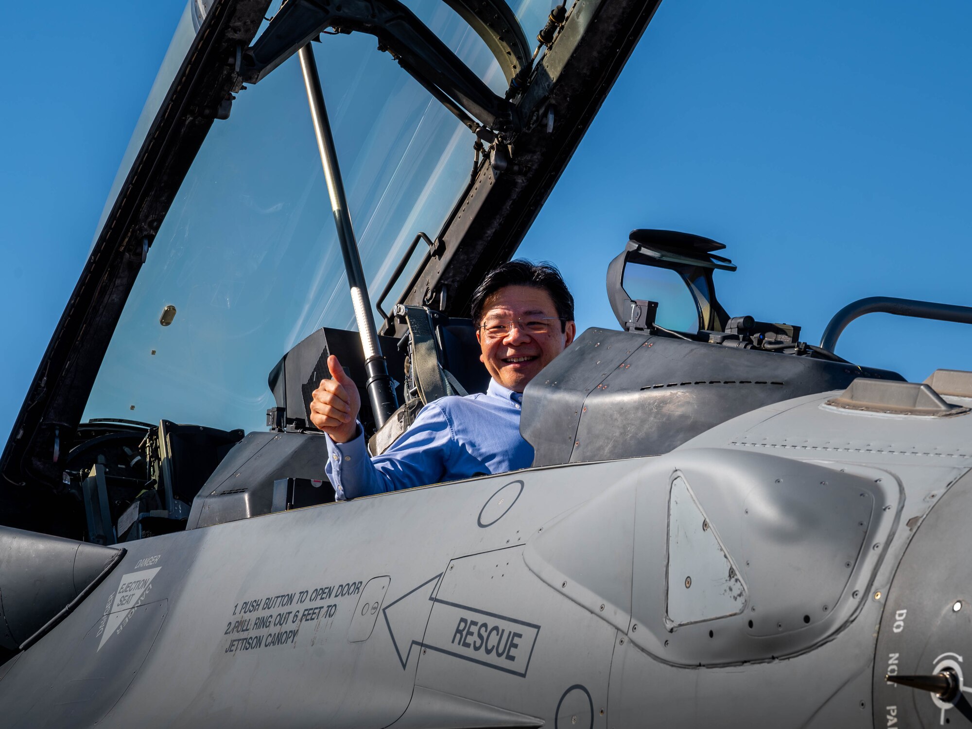 Lawrence Wong, Singapore Deputy Prime Minister and Minister of Finance, sits in a U.S. Air Force F-35 Lightning II Oct. 6, 2023, at Luke Air Force Base, Arizona.
