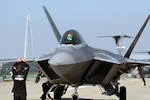 U.S. Air Force Capt. Samuel Larson, F-22 Demonstration Team commander, Joint Base Langley-Eustis, Va., taxis an F-22 Raptor following a demonstration at the 2023 Seoul International Aerospace and Defense Exhibition media day at Seoul Air Base, Republic of Korea, Oct. 16, 2023.