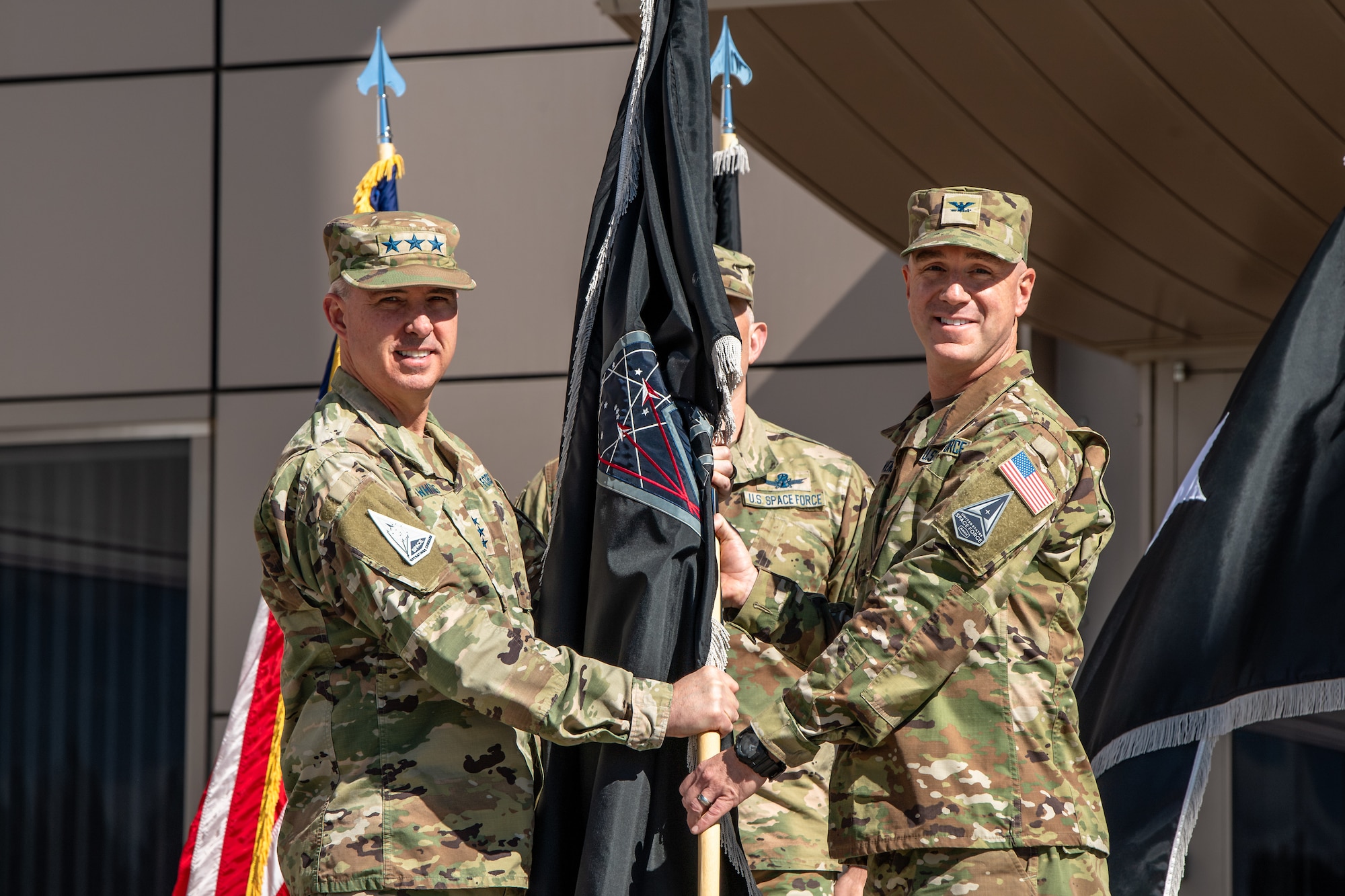United States Space Force (USSF) Lieutenant General Stephen Whiting activated a new PNT Delta. USSF Colonel Andrew Menschner assumed command of the new delta. The ceremony also consisted of a patching moment where the members of the new delta applied their new patches to their uniforms. (U.S. Space Force Photo by Dalton Prejeant)