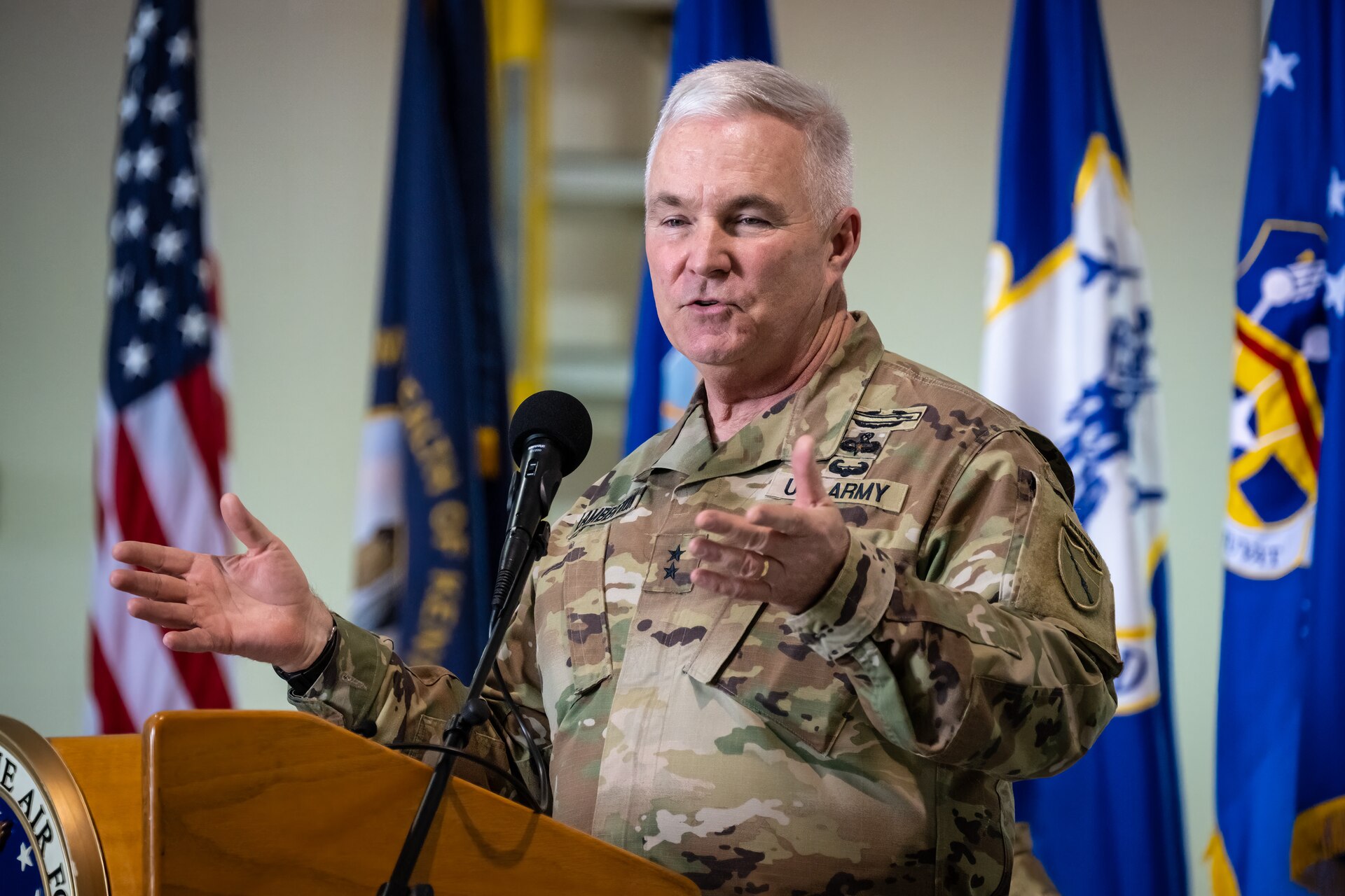 Army Maj. Gen. Haldane Lamberton, adjutant general of the Commonwealth of Kentucky, speaks to members of the 123rd Airlift Wing during an award ceremony at the Kentucky Air National Guard Base in Louisville, Ky., Oct. 14, 2023. The unit received its 20th Air Force Outstanding Unit Award and a Meritorious Unit Award for superior achievement in a broad spectrum of missions around the world since 2019. (U.S. Air National Guard photo by Dale Greer)