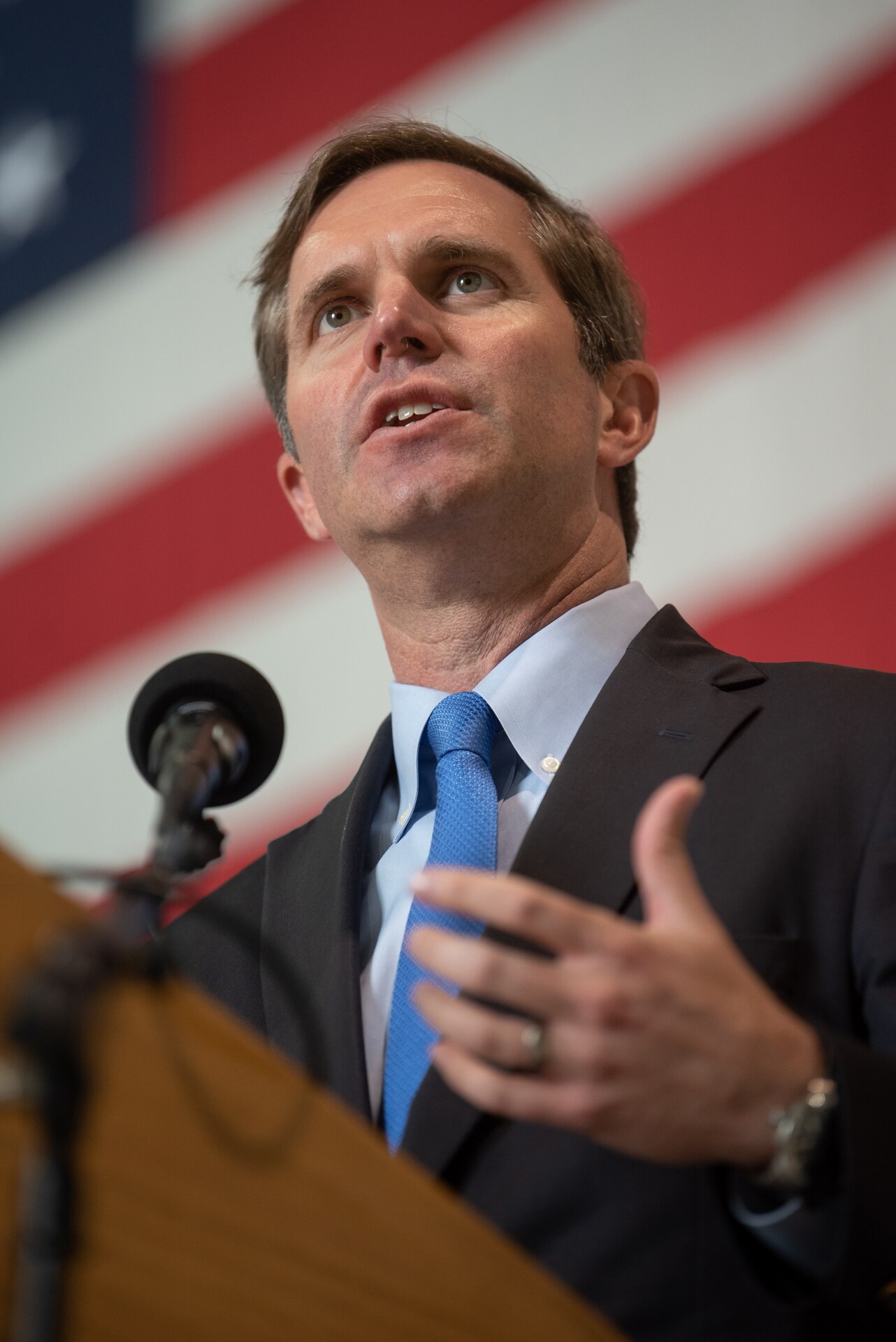 Kentucky Gov. Andy Beshear speaks to members of the 123rd Airlift Wing during a ceremony at the Kentucky Air National Guard Base in Louisville, Ky., Oct. 14, 2023. The ceremony, which highlighted the unit’s accomplishments over the last four years, concluded with the presentation of the wing’s 20th Air Force Outstanding Unit Award. (U.S. Air National Guard photo by Tech. Sgt. Joshua Horton)