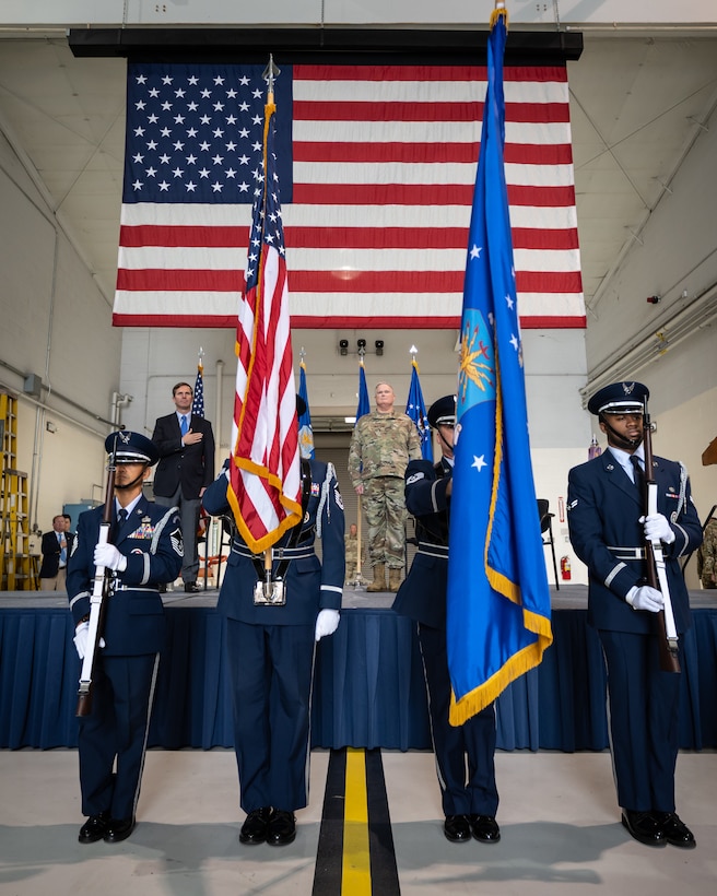 Airmen present the colors during an award ceremony at the Kentucky Air National Guard Base in Louisville, Ky., Oct. 14, 2023. The 123rd Airlift Wing received its 20th Air Force Outstanding Unit Award and a Meritorious Unit Award for superior achievement in a broad spectrum of missions around the world since 2019. (U.S. Air National Guard photo by Dale Greer)