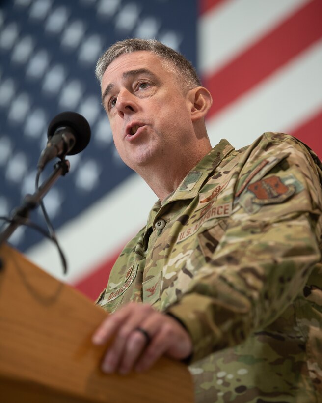 Col. Bruce Bancroft, 123rd Airlift Wing commander, speaks to unit members during a ceremony at the Kentucky Air National Guard Base in Louisville, Ky., Oct. 14, 2023. The ceremony, which highlighted the unit’s accomplishments over the last four years, concluded with the presentation of the wing’s 20th Air Force Outstanding Unit Award. (U.S. Air National Guard photo by Tech. Sgt. Joshua Horton)